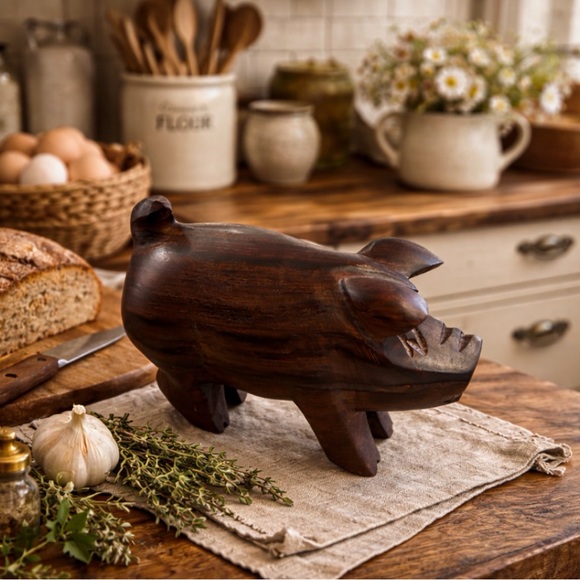 Vintage Other - Vintage Hand-Carved Wood Pig Figurine Solid Hardwood Folk Art Decor